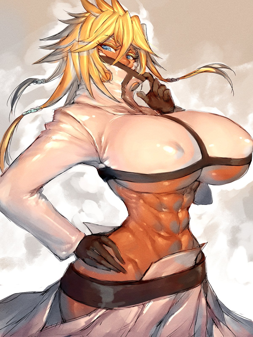 1girl abs arrancar bleach blonde_hair blue_eyes breasts covered_mouth cropped_jacket dark-skinned_female dark_skin fumio_(rsqkr) highres hip_vent jacket large_breasts mask mouth_mask navel solo tier_harribel toned white_jacket