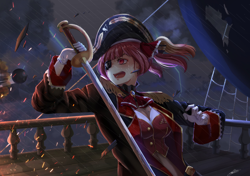1girl absurdres ascot black_choker black_coat black_headwear black_sky breasts cannonball chii_(chicritro) choker cleavage cloud coat cropped_jacket eyepatch frilled_choker frills gloves hair_ribbon hat highres holding holding_sword holding_weapon hololive houshou_marine houshou_marine_(1st_costume) large_breasts leotard leotard_under_clothes long_hair looking_at_viewer pirate_hat pirate_ship red_ascot red_coat red_eyes red_hair red_ribbon ribbon sky sleeveless sleeveless_jacket sword twintails two-sided_coat virtual_youtuber weapon white_gloves