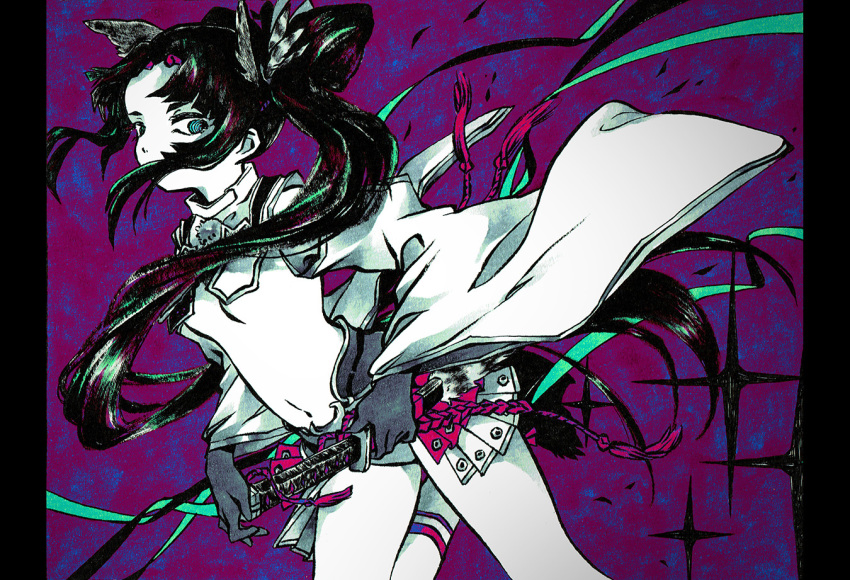 1girl abstract_background aqua_eyes armor breast_curtains breasts covered_mouth cowboy_shot fate/grand_order fate_(series) feather_hair_ornament feathers floating_hair foot_up from_side gloves hair_ornament hair_over_mouth hand_on_hilt japanese_armor katana kusazuri letterboxed limited_palette long_sleeves looking_at_viewer navel purple_background red_background revealing_clothes ringed_eyes sheath sheathed side_ponytail solo sparkle standing standing_on_one_leg stomach sword two-tone_background underboob ushiwakamaru_(fate) weapon wide_sleeves yamakita_higashi