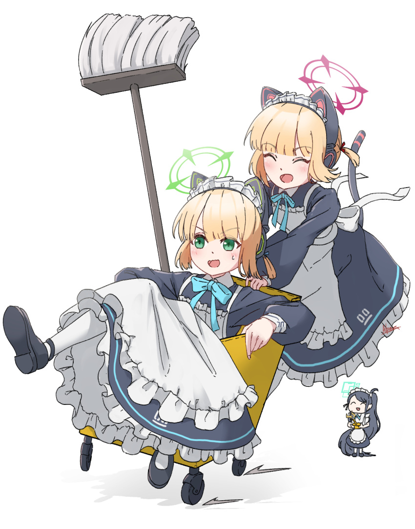 3girls :d ^_^ alpaca_(alpaca00011) animal_ear_headphones animal_ears apron aris_(blue_archive) aris_(maid)_(blue_archive) black_dress black_footwear blonde_hair blue_archive blush closed_eyes commentary_request controller dress fake_animal_ears frilled_apron frilled_dress frills green_eyes headphones highres holding long_sleeves maid_apron maid_headdress midori_(blue_archive) midori_(maid)_(blue_archive) momoi_(blue_archive) momoi_(maid)_(blue_archive) mop multiple_girls pantyhose puffy_long_sleeves puffy_sleeves remote_control running shadow shoe_soles shoes simple_background smile standing tail v-shaped_eyebrows white_apron white_background white_pantyhose