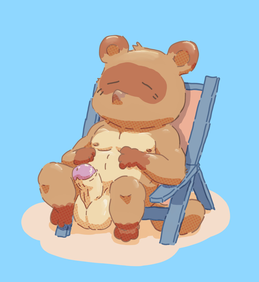 animal_crossing anthro balls belly big_balls big_penis bulge canid canine flaccid genitals hi_res humanoid male mammal nintendo nipples nude nude_male penis raccoon_dog relaxing rinrin28 sitting slepping slightly_chubby solo tanuki tom_nook_(animal_crossing)