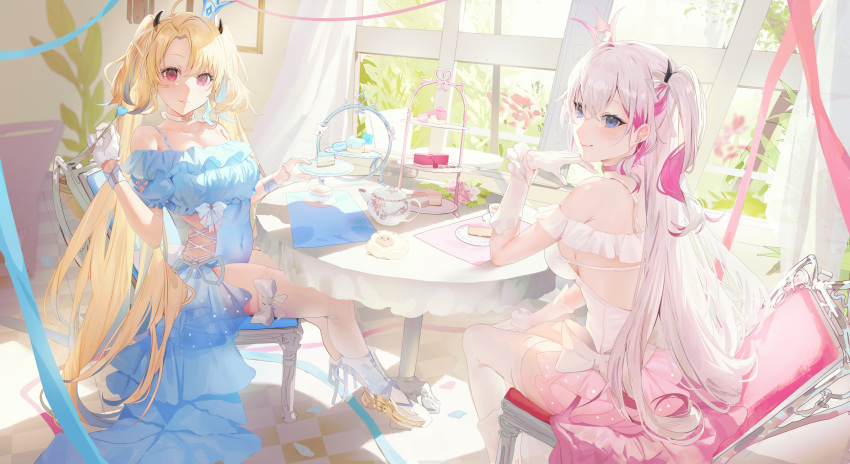 2girls absurdres arahenas avatar_2.0_project bare_shoulders blonde_hair blue_dress blue_eyes blue_hair bow bow_legwear breasts choker cleavage closed_mouth dress dress_bow gloves highres holding holding_plate indoors long_hair looking_at_viewer looking_back minase_shia multicolored_hair multiple_girls musubime_yui on_chair pink_choker pink_hair plate red_eyes short_sleeves sitting smile thighhighs virtual_youtuber white_bow white_choker white_dress white_gloves white_hair white_thighhighs