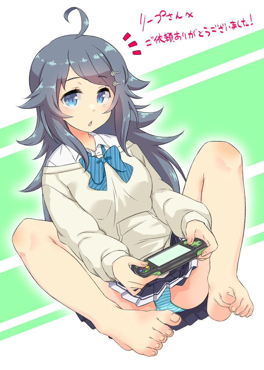 1girl absurdres ahoge bare_legs barefoot black_skirt blue_bow blue_bowtie blue_eyes blue_panties blush bow bowtie breasts collared_shirt commission eyelashes feet green_background grey_hair hair_ornament hairclip handheld_game_console highres holding humiu inohara_koboshi knees_up leaning_back long_hair long_sleeves looking_at_viewer miniskirt ongeki open_mouth panties parted_bangs playstation_vita pleated_skirt school_uniform second-party_source shirt sidelocks sitting skeb_commission skirt small_breasts solo striped striped_background striped_panties swept_bangs tan_sweater toe_scrunch toenails toes underwear white_background white_shirt