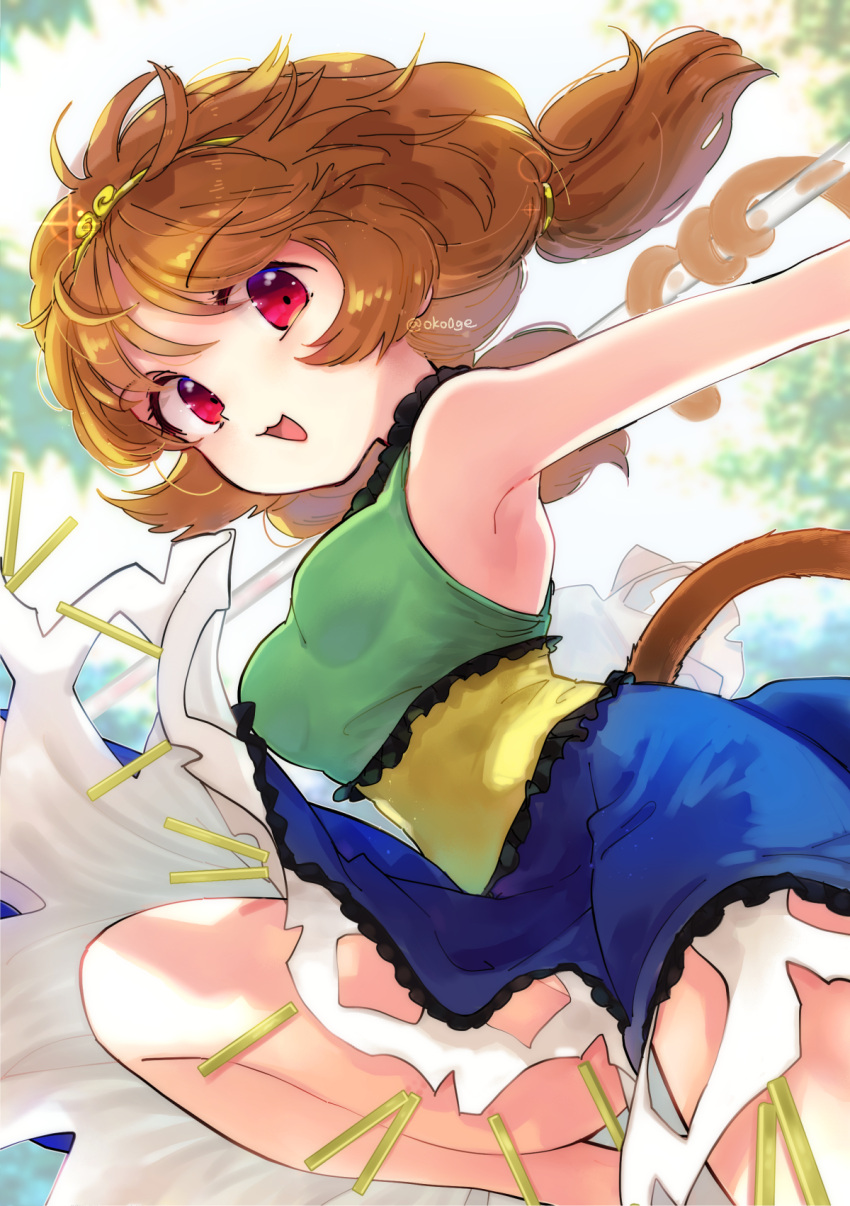 1girl :3 :d bare_shoulders biyon blue_dress brown_hair circlet commentary_request dress feet_out_of_frame green_dress highres knee_up long_hair looking_at_viewer low_twintails monkey_girl monkey_tail multicolored_clothes multicolored_dress open_mouth outdoors red_eyes ruyi_jingu_bang sleeveless sleeveless_dress smile solo son_biten tail touhou twintails twitter_username yellow_dress