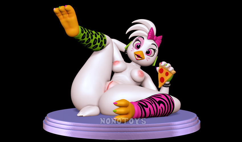 3d_(artwork) anthro anus avian bird bow_ribbon bracelet chicken clothed clothing digital_media_(artwork) ear_piercing ear_ring female five_nights_at_freddy's five_nights_at_freddy's:_security_breach food footwear galliform gallus_(genus) genitals glamrock_chica_(fnaf) hi_res jewelry legs_in_air legs_up looking_at_viewer makeup nipples nonotoys partially_clothed phasianid piercing pink_nipples pink_pussy pinup pizza pose pussy ring_piercing scottgames smile socks solo spiked_bracelet spikes stage steel_wool_studios