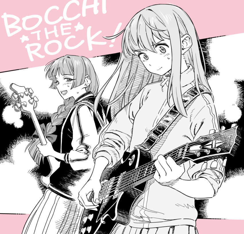 2girls bass_guitar blunt_bangs bocchi_the_rock! bow braid closed_mouth commentary_request copyright_name electric_guitar gotou_hitori guitar hair_between_eyes hair_bow hair_over_shoulder highres hiroi_kikuri holding holding_instrument holding_plectrum instrument jacket long_hair long_sleeves looking_at_another looking_down mo6hei multiple_girls music open_mouth playing_instrument pleated_skirt plectrum sharp_teeth single_braid skirt sleeves_rolled_up smile standing sweatdrop teeth track_jacket