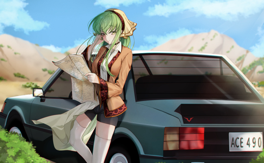 1girl absurdres alternate_costume black_choker black_shorts blue_car blue_sky blush breasts brown_jacket budgiepon c.c. car casual choker closed_mouth code_geass commentary_request crossed_bangs day dress dress_shirt eyes_visible_through_hair feet_out_of_frame floating_hair geass green_hair hair_between_eyes hand_in_own_hair hand_up head_scarf highres holding holding_map jacket lips long_hair long_sleeves looking_at_viewer map medium_breasts motor_vehicle outdoors scenery shirt shorts sidelocks sky smile solo standing straight_hair sunlight thighhighs very_long_hair white_dress white_thighhighs wide_shot wide_sleeves wind wind_lift yellow_eyes