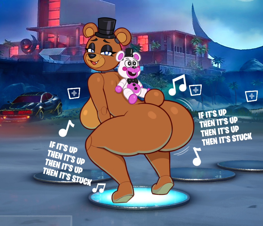 acstlu animatronic anthro bear bedroom_eyes big_breasts big_butt blue_eyes breasts brown_body butt clothing crossgender crouching english_text epic_games female five_nights_at_freddy's fortnite freddy_(fnaf) hat headgear headwear hi_res looking_at_viewer looking_back machine mammal mtf_crossgender musical_note narrowed_eyes nude open_mouth robot scottgames seductive side_boob solo text top_hat