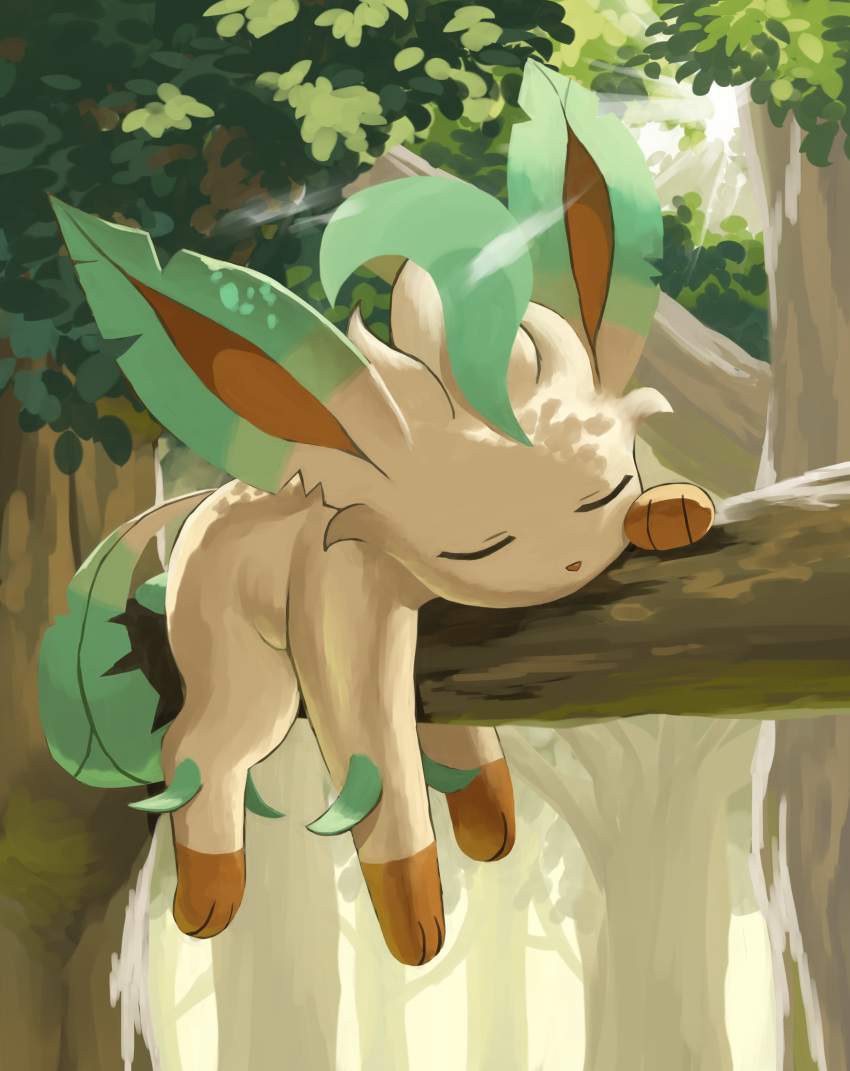 absurdres animal_focus closed_eyes commentary_request day highres jira_(ziraiya26) leafeon lying no_humans on_stomach outdoors pokemon pokemon_(creature) sleeping solo tree