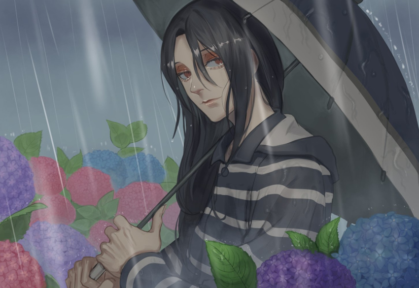 1other androgynous black_hair blue_flower flower guilty_gear guilty_gear_strive hat hat_removed headwear_removed holding holding_umbrella hydrangea long_hair outdoors purple_flower rain red_eyes testament_(guilty_gear) udakyo umbrella