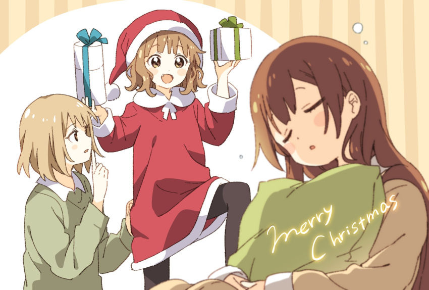 3girls black_pantyhose blonde_hair blue_ribbon box brown_hair child christmas closed_eyes collared_shirt commentary dress english_text fang finger_to_mouth gift gift_box green_ribbon green_sweater hat highres holding holding_gift hugging_object light_brown_hair long_hair long_sleeves multiple_girls namori oomuro-ke oomuro_hanako oomuro_nadeshiko oomuro_sakurako open_mouth pantyhose pillow pillow_hug puffy_long_sleeves puffy_sleeves red_dress ribbon santa_costume santa_dress santa_hat shirt short_hair shushing siblings sisters sitting sleep_bubble sleeping sleeping_upright striped striped_background sweater wavy_hair white_ribbon white_shirt yuru_yuri