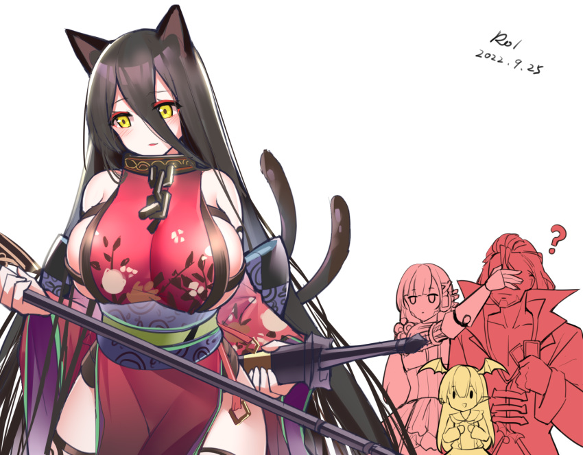 1boy 3girls ? animal_ears artist_name black_hair blush breasts card cat_ears cat_girl cat_tail chain cleavage clenched_hands collar confused covering_another's_eyes cowboy_shot curvy dated dress english_text expressionless floral_print formonde_urias_(shadowverse) hair_between_eyes highres holding holding_card holding_weapon japanese_clothes kimono large_breasts long_hair looking_to_the_side metal_collar metal_skin mono_garnet_rebel multiple_girls obi partially_colored pelvic_curtain pink_theme print_kimono red_dress red_kimono red_theme sash shadowverse sideboob simple_background smile solo_focus staff standing sword tail tevali_(shadowverse) thick_thighs thighs vampy watchdog_rol_(y1104280730) weapon white_background yellow_eyes yellow_theme