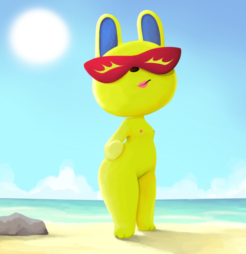 2023 3_toes animal_crossing anthro areola beach biped black_nose blue_ears breasts bright captain_slow clothing cloud colored detailed detailed_background eyelashes eyes_closed eyewear eyewear_on_head feet female fur genitals hand_on_hip lagomorph leporid light lineless lips mammal mira_(animal_crossing) mouth_closed nintendo nipples nude outdoor_nudity pink_lips pose pussy rabbit red_nipples rock sand scenery seaside small_breasts smile solo standing sun sunlight swimwear toes water wide_hips yellow_body yellow_eyelashes yellow_fur