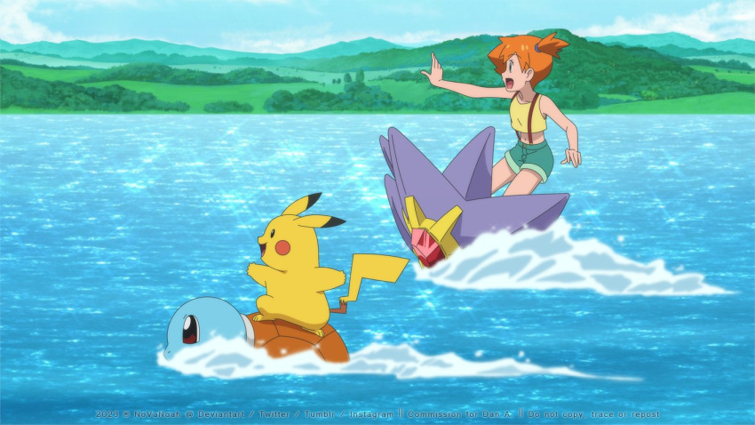 1girl :d cloud commentary day from_side green_shorts happy hill misty_(pokemon) noelia_ponce open_mouth orange_hair outdoors outstretched_arm pikachu pokemon pokemon_(anime) pokemon_(classic_anime) pokemon_(creature) riding riding_pokemon shirt shorts side_ponytail sky sleeveless sleeveless_shirt smile sparkle squirtle starmie surfing suspenders tongue water yellow_shirt