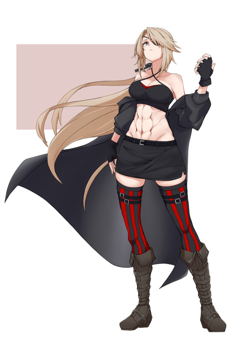 1girl abs bare_shoulders belt blonde_hair blue_eyes boots breasts coat crop_top eyepatch fingerless_gloves full_body gloves hair_ribbon head_tilt highres klement long_hair looking_at_viewer lydia_macarthur medium_breasts non-web_source original overcoat ponytail ribbon skirt sleeveless source_request strap thighhighs thighs trench_coat white_background