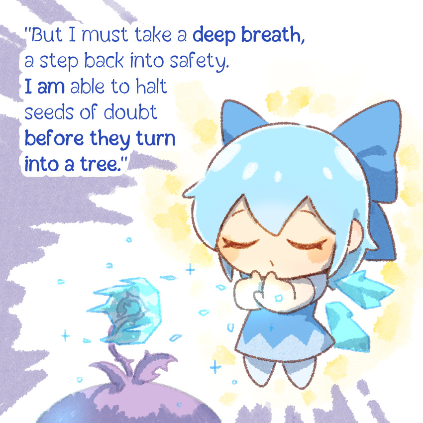 1girl blue_bow blue_dress blue_hair bow chibi cirno closed_mouth commentary dress english_commentary english_text full_body green_tea_reimu grey_background hair_bow highres ice ice_wings short_hair solo standing tears thorns touhou v-shaped_eyebrows wings