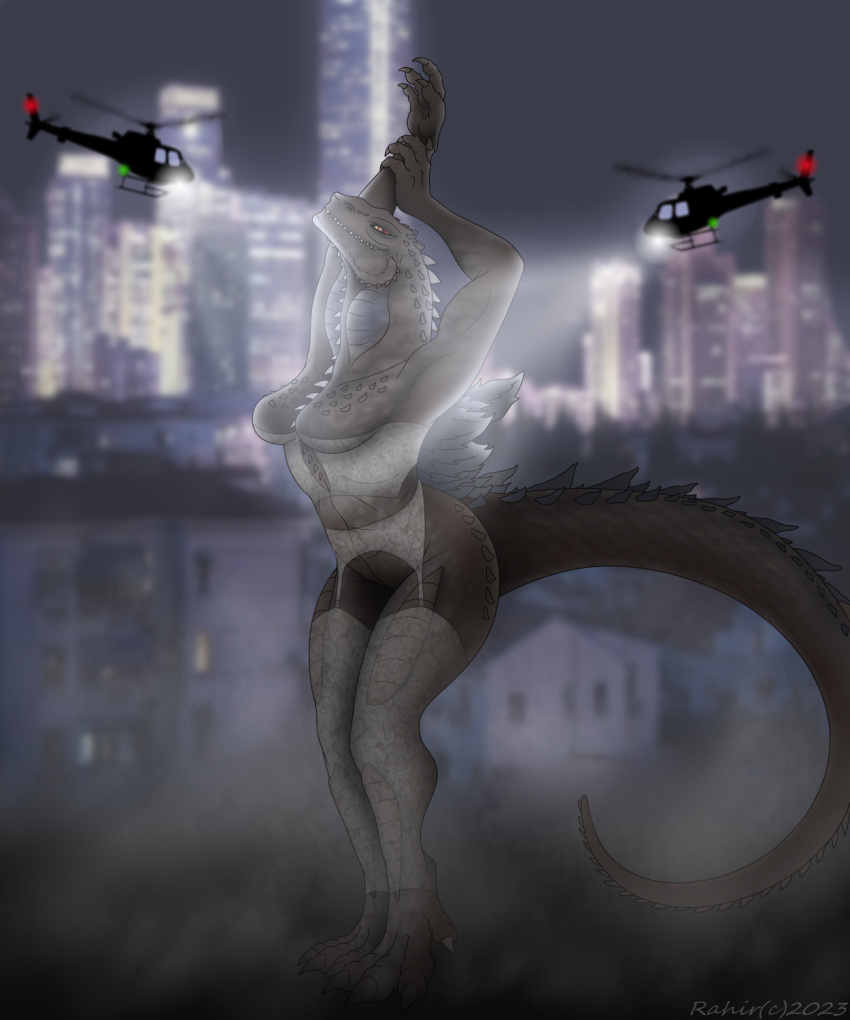 1998 anthro city clothing digital_media_(artwork) dragon female furry godzilla godzilla_(series) hi_res invalid_tag legwear lingerie night pose reptile scalie solo stockings toho underwear