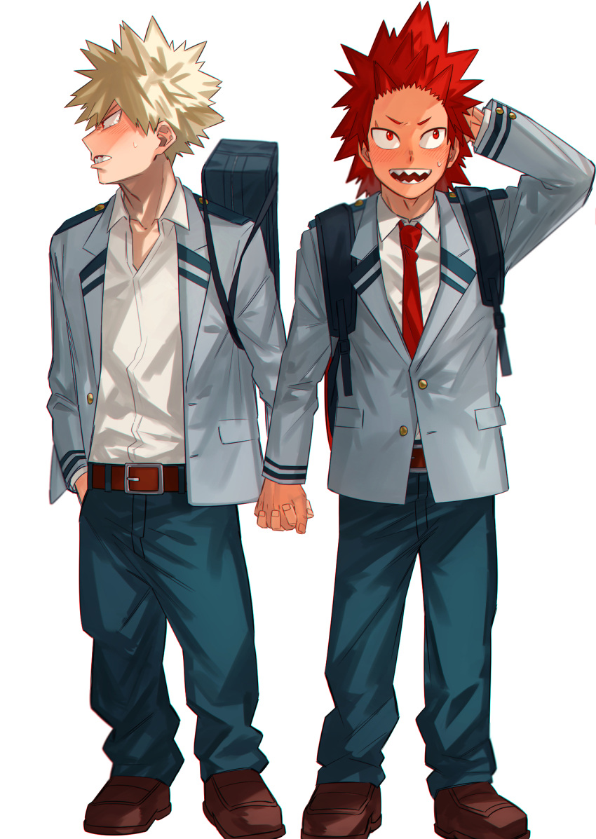 2boys backpack bag bakugou_katsuki blonde_hair blush boku_no_hero_academia brown_footwear clenched_teeth embarrassed grey_jacket hand_in_pocket highres holding_hands jacket kirishima_eijirou loafers long_sleeves mirin_(coene65) multiple_boys necktie red_eyes red_necktie sharp_teeth shirt shoes short_hair simple_background spiked_hair sweatdrop teeth white_background white_shirt yaoi