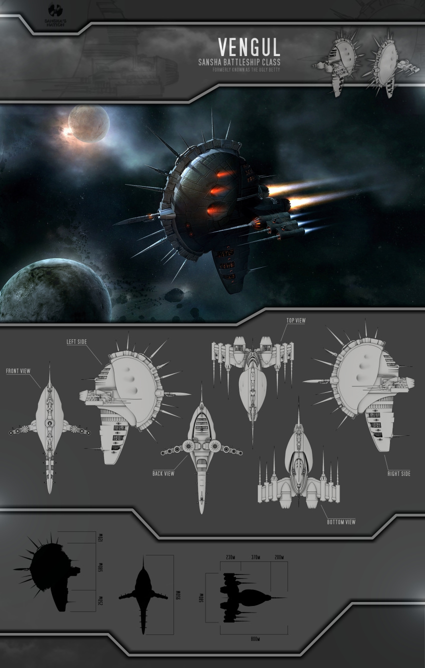 3d absurdres amarr_empire_(eve_online) asteroid battleship_(eve_online) beam_cannon boulder cannon commentary concept_art emblem energy_cannon english_text eve_online flying from_side glowing highres laser_cannon military_vehicle multiple_views nebula no_humans original outdoors pirate_faction_(eve_online) planet plumsbuggy realistic reference_sheet rock sansha's_nation_(eve_online) science_fiction sky space spacecraft spikes star_(sky) starry_sky thrusters turret vehicle_focus