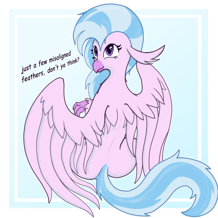 avian beak blue_hair blue_tail butt claws darkgred dialogue digital_media_(artwork) ear_tuft english_text european_mythology eyelashes feathered_wings feathers female feral friendship_is_magic fur greek_mythology hair hasbro hi_res hippogriff leg_tuft long_hair long_tail my_little_pony mythological_avian mythology pink_beak pink_body pink_feathers pink_fur purple_eyes silverstream_(mlp) sitting smile solo spread_wings tail talons text tuft wings