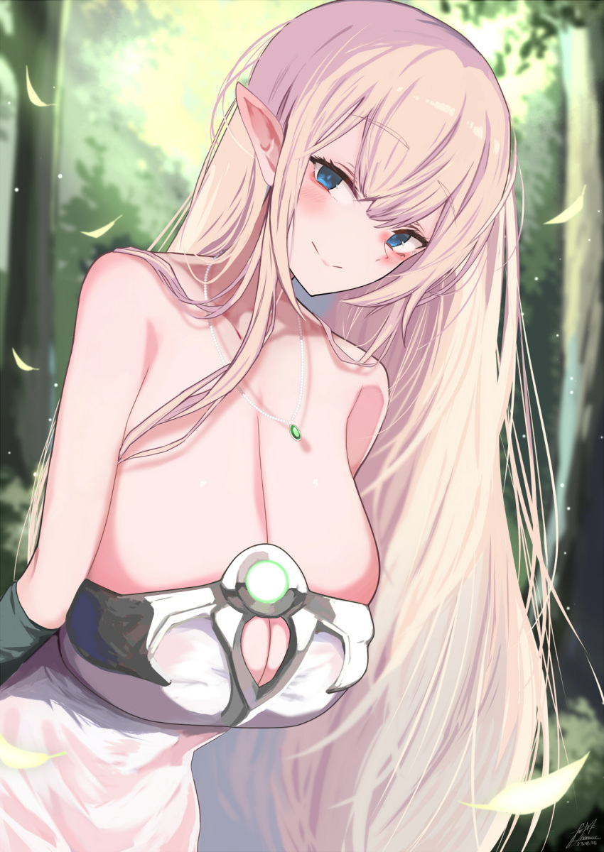 1girl black_gloves blonde_hair blue_eyes blush breasts cleavage closed_mouth collarbone commentary_request dress elbow_gloves elf falling_leaves fantasy forest gloves hair_between_eyes highres jewelry large_breasts leaf long_hair looking_at_viewer nature necklace original outdoors pointy_ears smile standing tree upper_body very_long_hair white_dress yuzuki_himuka