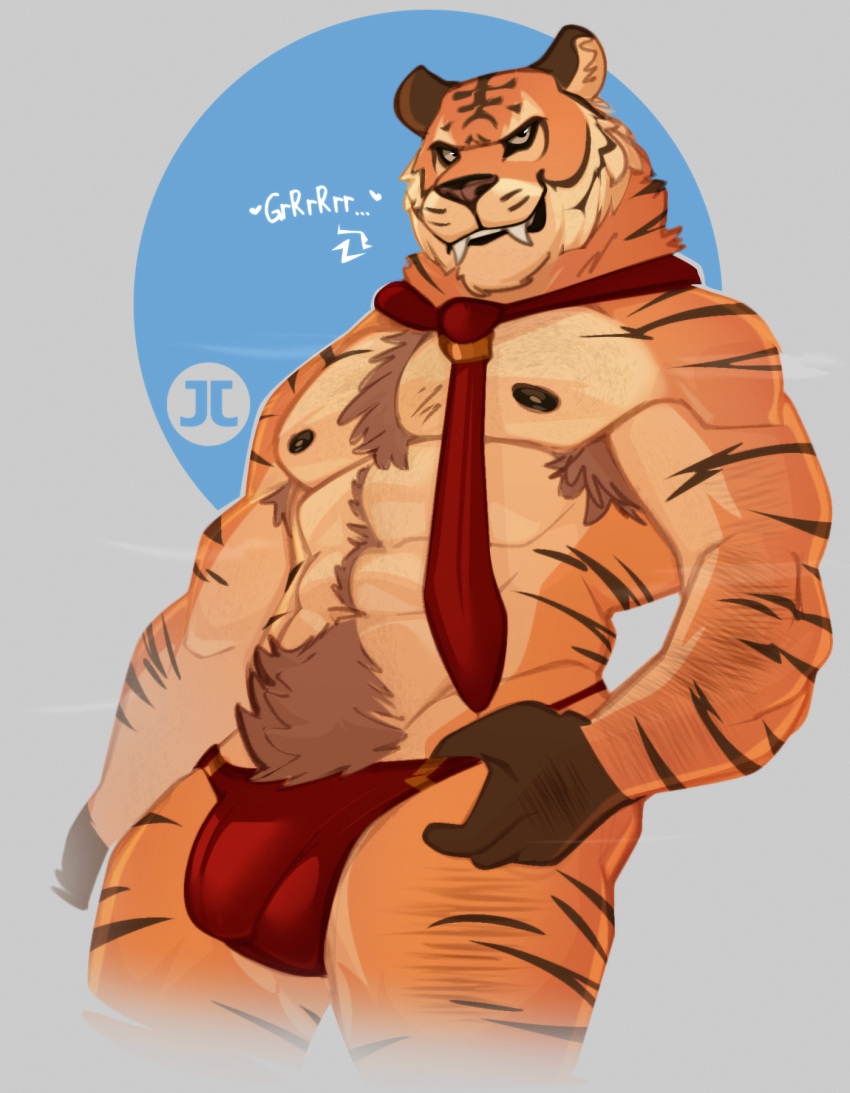 bulge clothing detailed_bulge epic_games felid fortnite fur hairy hi_res jumpy_jackal male mammal muscular muscular_male orange_body orange_fur pantherine tail thong tiger underwear unnamed_character