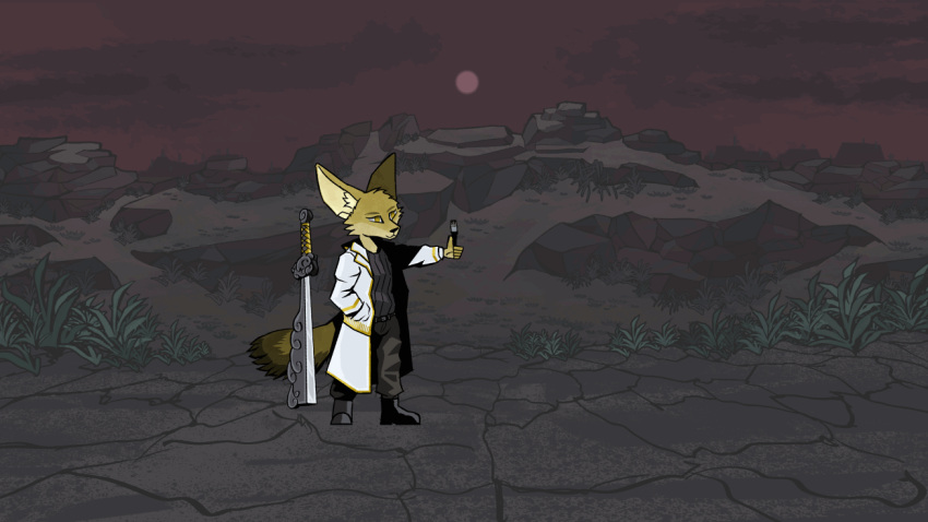 ambiguous_gender animated anthro attack baggy_clothing belt boots bottomwear brush canid canine clothing cloudy coat cracked_ground desert fennec floating footwear fox hand_in_pocket humanoid lab_coat lcb_meyneth limbus_company magic_sword mammal melee_weapon mica_(lcb_meyneth) moon pants pockets red_sky sky solo sprite_animation sprite_art sword tagme topwear weapon yellow_eyes