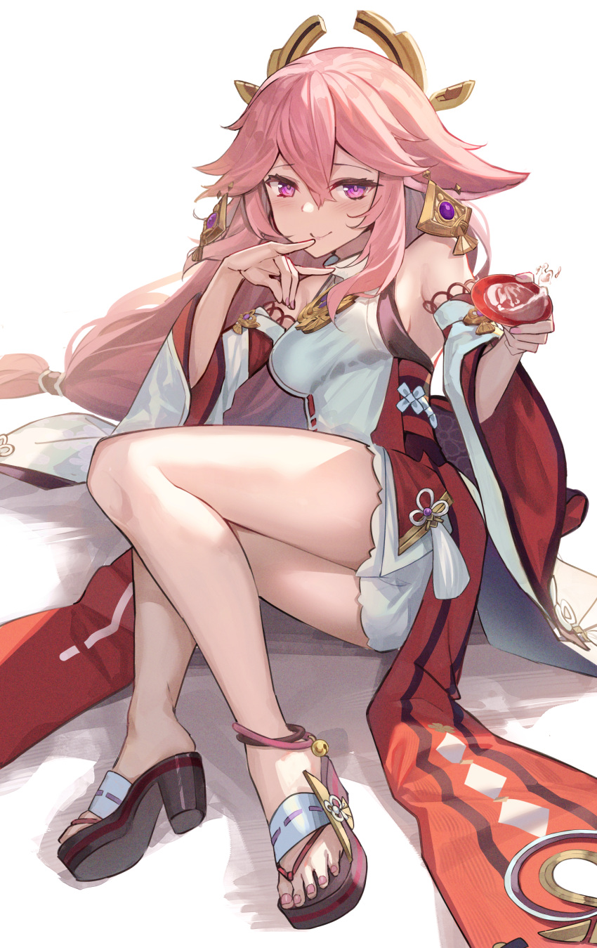1girl blush breasts closed_mouth detached_sleeves genshin_impact high_heels highres hopepe long_hair long_sleeves looking_at_viewer lying medium_breasts on_side pink_hair pink_nails purple_eyes sandals smile solo yae_miko