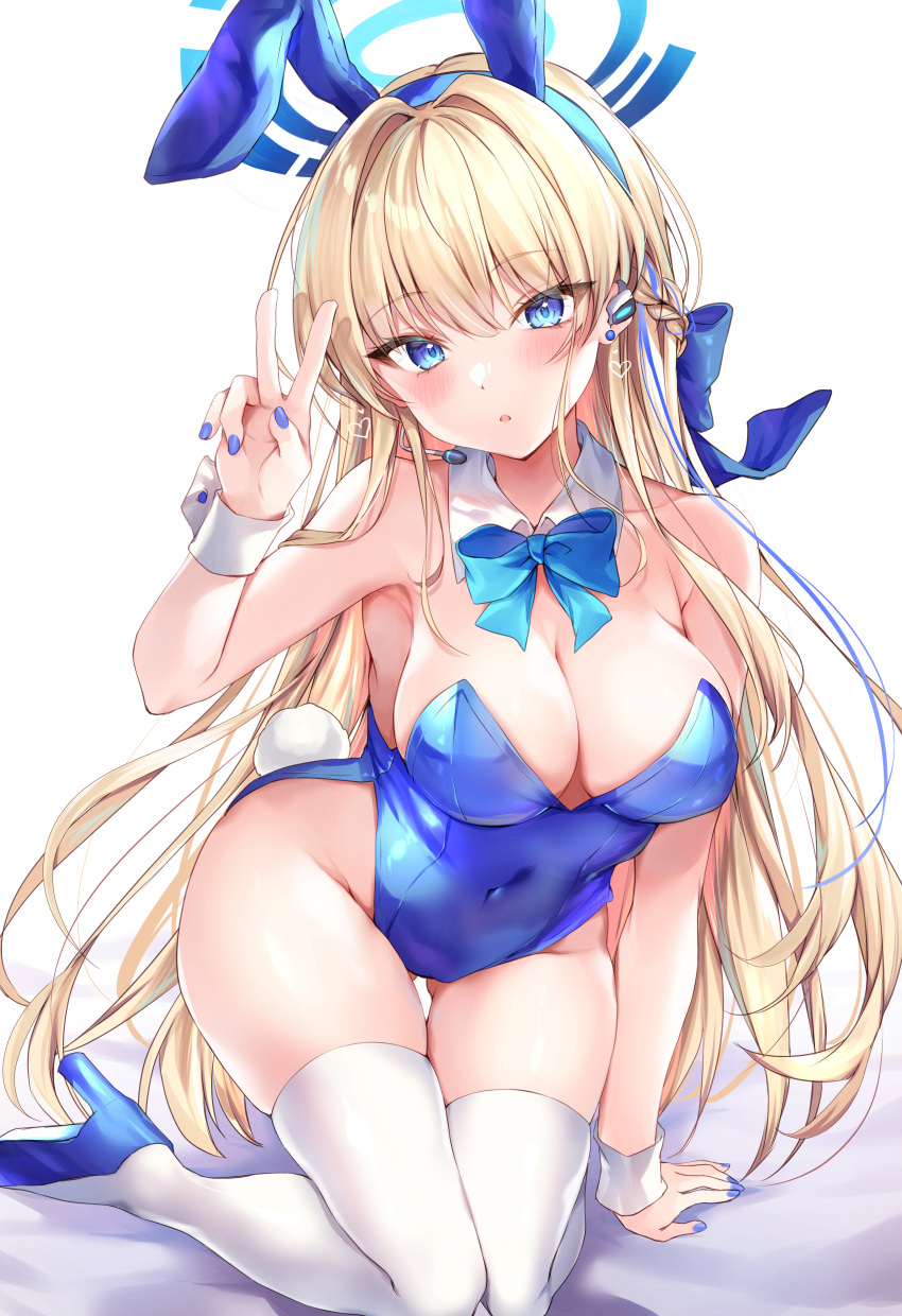 1girl absurdres animal_ears ass_visible_through_thighs blonde_hair blue_archive blue_eyes blue_leotard blue_nails breasts cleavage fake_animal_ears fingernails halo highleg highleg_leotard highres kneeling leotard long_hair looking_at_viewer medium_breasts nail_polish nenobi_(nenorium) official_alternate_costume rabbit_ears solo thigh_gap thighhighs thighs toki_(blue_archive) toki_(bunny)_(blue_archive) v white_thighhighs