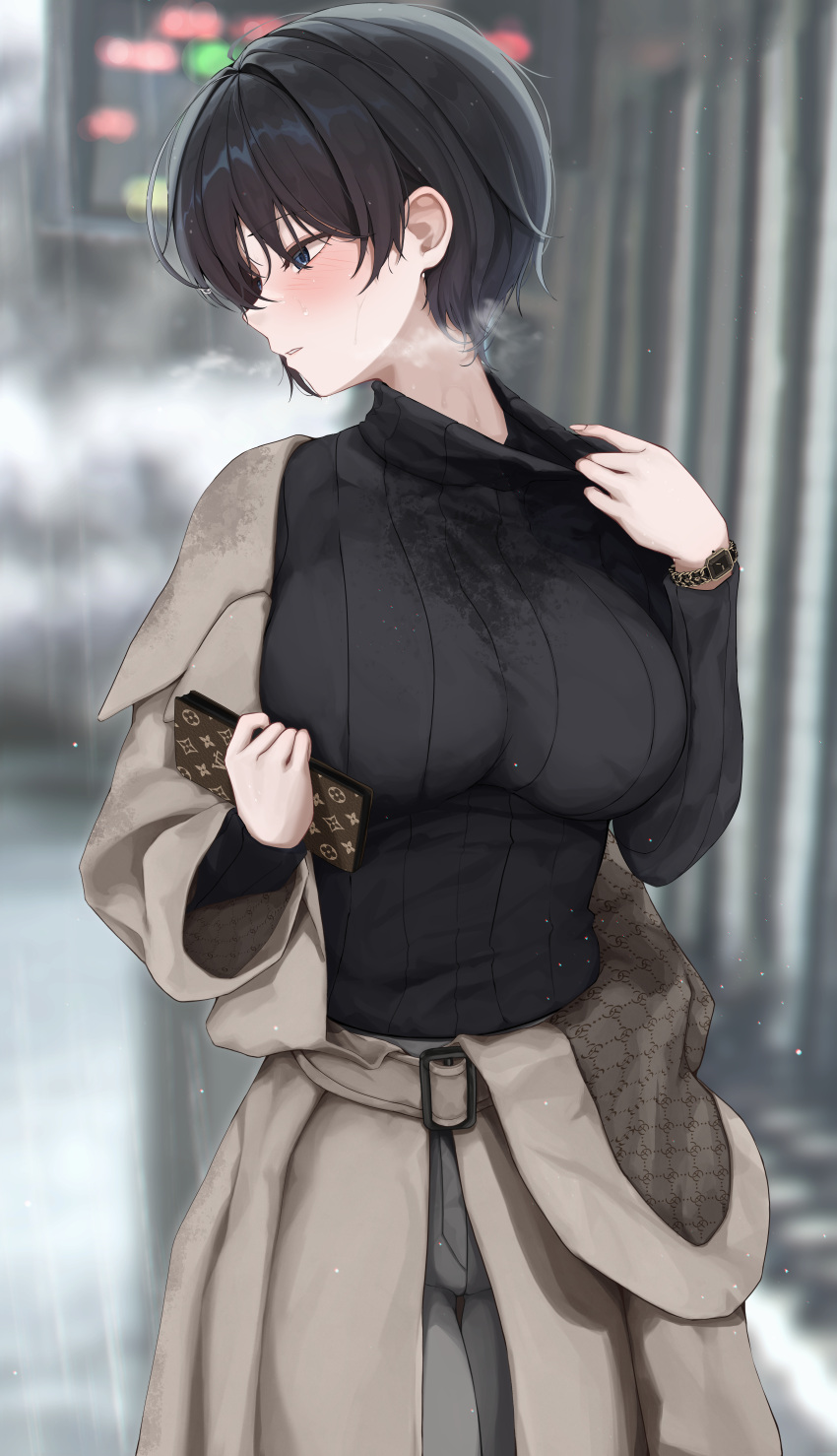 1girl absurdres black_eyes black_hair black_sweater breasts brown_coat coat gwan-e highres large_breasts louis_vuitton_(brand) original outdoors rain short_hair solo steam sweater turtleneck turtleneck_sweater watch women's_wallet wristwatch