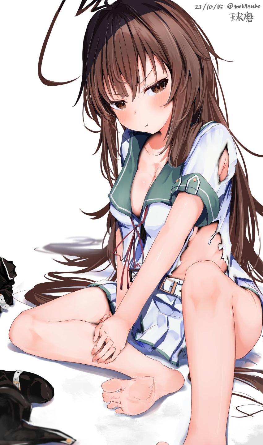 1girl :t absurdres ahoge barefoot belt blush breasts brown_eyes brown_hair dorsiflexion feet foot_out_of_frame frown glaring green_sailor_collar highres huge_ahoge kantai_collection knee_up kuma_(kancolle) kuma_kai_ni_(kancolle) legs long_hair looking_at_viewer medium_breasts mok4suke pleated_shorts pleated_skirt pout red_ribbon ribbon sailor_collar sailor_shirt school_uniform serafuku shirt skirt soles solo toes torn_clothes torn_shirt torn_skirt translated v-shaped_eyebrows white_background white_belt white_shirt white_skirt