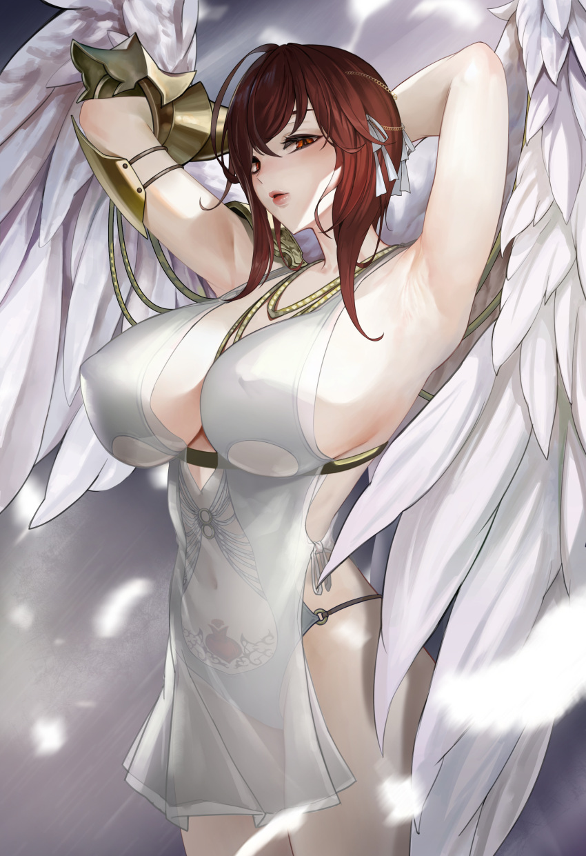 1girl absurdres armor armpits arms_behind_head arms_up black_desert_online breasts clothing_cutout commission covered_nipples cowboy_shot crossed_bangs dress feathered_wings grey_background grey_ribbon hair_between_eyes hair_ribbon highres huge_breasts mute_(mute89539160) navel parted_lips pubic_tattoo red_eyes red_hair ribbon see-through see-through_dress short_dress shoulder_armor side_cutout sideboob sidelocks solo tattoo vambraces wings