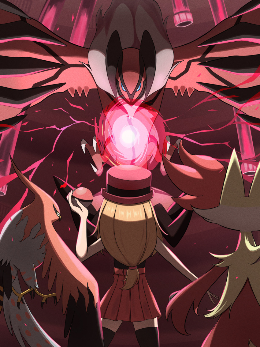 1girl black_shirt black_thighhighs blonde_hair commentary_request delphox energy_ball eternal_kenkyu hand_up hat highres holding holding_poke_ball indoors industrial_pipe long_hair low-tied_long_hair pink_headwear pleated_skirt poke_ball poke_ball_(basic) pokemon pokemon_(creature) pokemon_(game) pokemon_xy red_skirt serena_(pokemon) shirt skirt talonflame thighhighs yveltal