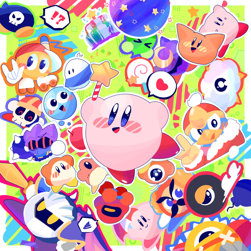 !? &gt;_&lt; ? \n/ ^_^ apple armor arms_up axe_knight_(kirby) ball_and_chain_(weapon) bandaid baseball_cap blue_eyes blue_outline blush blush_stickers bomb bomber_(kirby) border bubbles_(kirby) candy closed_eyes cloud commentary_request crescent crossed_bandaids explosive flail flying_sweatdrops food fountain fountain_of_dreams frog fruit green_background hairband hat heart heavy_mole helmet highres holding holding_sword holding_umbrella holding_weapon invincible_candy javelin_knight king_dedede kirby's_adventure kirby_(series) kracko lollipop looking_at_viewer mace_knight mask meta_knight mr._tick_tock no_humans notice_lines omame_sakana one-eyed open_mouth orange_outline outline outside_border paint_roller_(kirby) pauldrons pink_outline purple_outline red_hairband red_headwear red_outline roller_skates scarfy shoulder_armor simple_background skates skull slippy_(kirby) smile smoke sparky_(kirby) speech_bubble spiked_ball_and_chain spikes spoken_heart spoken_question_mark spoken_squiggle squiggle star_(symbol) star_in_eye star_rod swirl_lollipop sword symbol_in_eye triangle trident_knight ufo ufo_(kirby) umbrella v v-shaped_eyebrows waddle_dee waddle_doo weapon wheelie_(kirby) white_border white_outline wings yellow_eyes
