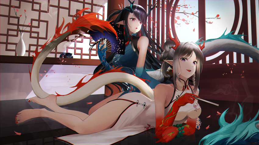 2girls :d :o absurdres alternate_hair_color arknights bangs bare_legs bare_shoulders barefoot bead_bracelet beads black_hair blue_dress blue_skin bracelet china_dress chinese_clothes colored_skin dragon_girl dragon_horns dragon_tail dress dusk_(arknights) dusk_(everything_is_a_miracle)_(arknights) earrings folded_fan folding_fan full_body gradient_skin hand_fan highres holding holding_fan horns incense_burner indoors jewelry looking_at_viewer lying multicolored_hair multiple_girls nail_polish nian_(arknights) nian_(unfettered_freedom)_(arknights) official_alternate_costume on_stomach open_mouth pelvic_curtain pointy_ears purple_eyes red_eyes red_hair red_nails red_skin round_window sitting sleeveless sleeveless_dress smile streaked_hair swept_bangs tail tenmu_miyabi toenail_polish toenails vase white_dress window