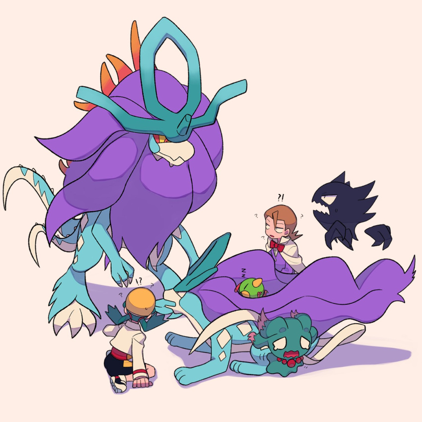 !? 1boy 1girl ? bangs bike_shorts brown_hair cape closed_mouth flipped_hair green_hair hat haunter highres jacket long_hair misdreavus natu open_mouth orange_eyes pokemon pokemon_(creature) pokemon_(game) pokemon_gsc purple_jacket red_shirt shirt shoes sleeping suicune sweatdrop twintails tyako_089 walking_wake white_cape white_footwear white_jacket yellow_headwear zzz