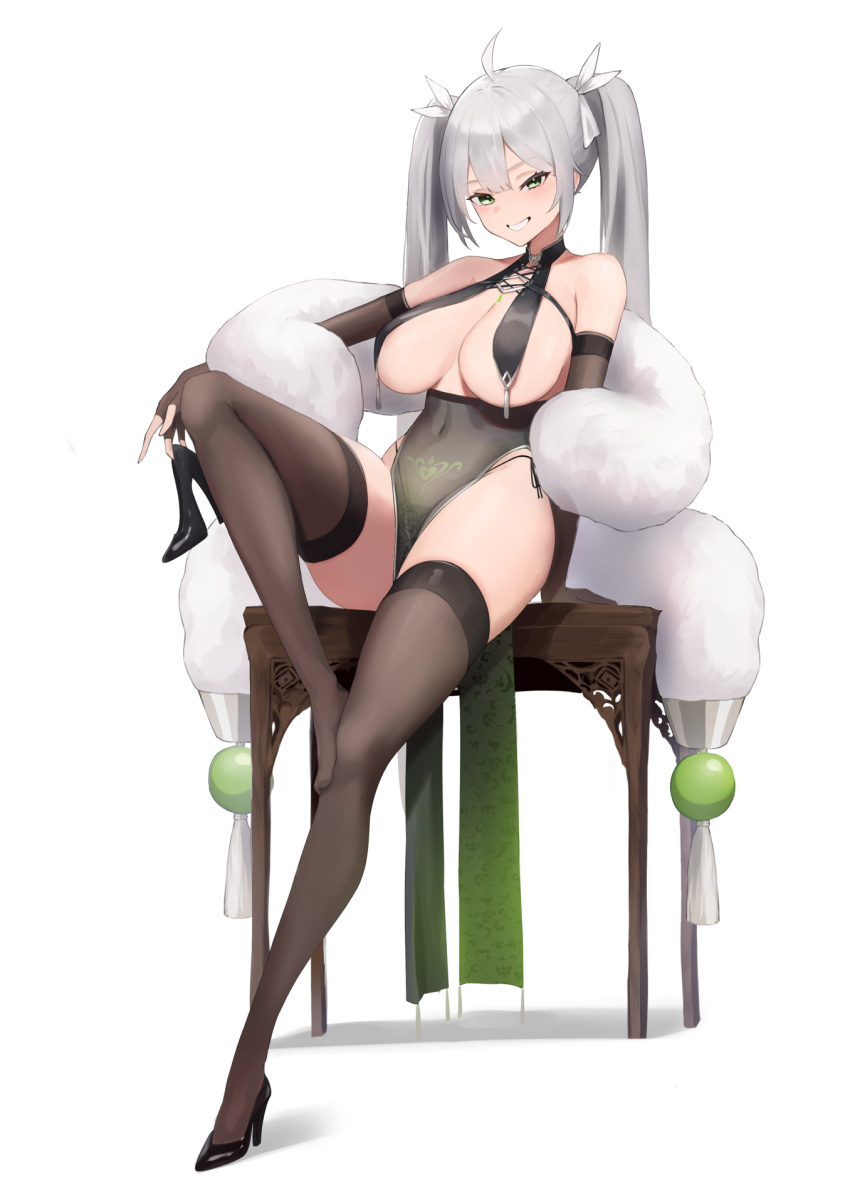 1girl ahoge bare_shoulders black_footwear black_gloves black_panties black_thighhighs breasts commentary commission covered_navel elbow_gloves fingerless_gloves full_body fur_shawl gloves green_eyes grey_hair hair_between_eyes hair_ribbon high_heels highres holding holding_clothes holding_footwear large_breasts long_hair looking_at_viewer original panties pelvic_curtain pubic_tattoo ribbon see-through shawl shoes side-tie_panties sideboob sidelocks simple_background single_shoe sitting skeb_commission smile solo suzuya_(maru) table tassel tattoo thighhighs twintails underwear white_background white_ribbon white_shawl wooden_table