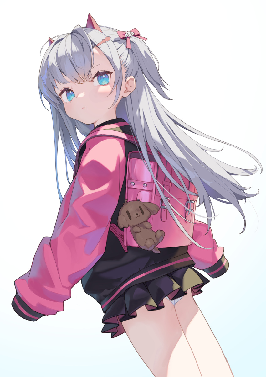 1girl ass backpack bag bag_charm black_jacket black_skirt blue_eyes bow charm_(object) closed_mouth commentary_request dutch_angle grey_hair hair_bow highres horns jacket long_hair long_sleeves miniskirt original panties pleated_skirt puffy_long_sleeves puffy_sleeves randoseru red_bow shindou_kamichi simple_background skirt sleeves_past_fingers sleeves_past_wrists solo standing stuffed_animal stuffed_dog stuffed_toy two_side_up underwear very_long_hair white_background white_panties