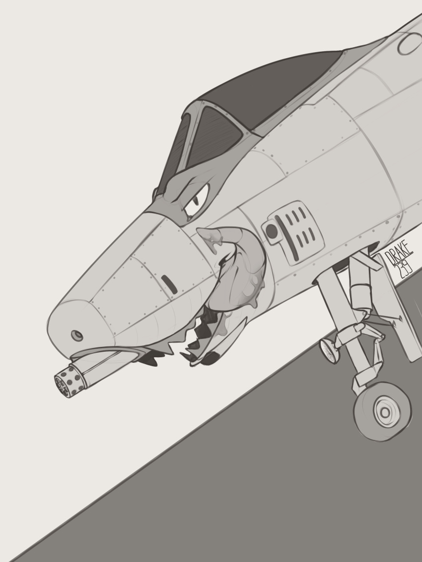 2023 a10 a10_thunderbolt absurd_res aircraft airplane black_and_white bodily_fluids digital_media_(artwork) dire_aircraft dire_machine dire_vehicle drake239 gun hi_res jet living_aircraft living_machine living_vehicle looking_at_viewer machine male metallic_body military monochrome not_furry open_mouth ranged_weapon saliva saliva_on_tongue saliva_string simple_background sketch smile solo teeth tongue tongue_out vehicle weapon