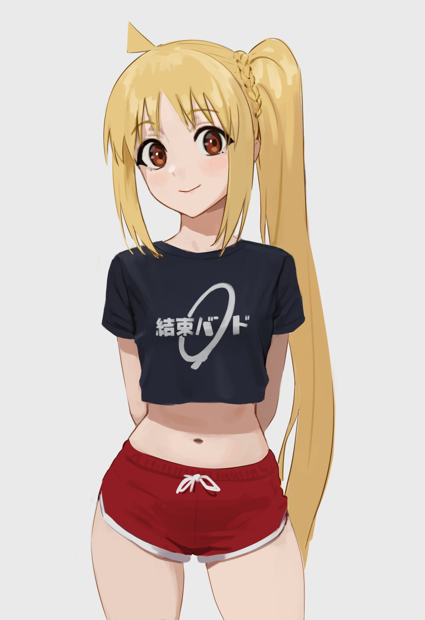 1girl absurdres ahoge arms_behind_back band_shirt black_shirt blonde_hair bocchi_the_rock! braid brown_eyes carlo_montie closed_mouth commentary cowboy_shot crop_top dolphin_shorts highres ijichi_nijika light_blush long_hair looking_at_viewer merchandise midriff navel red_shorts shirt short_sleeves shorts side_ponytail sidelocks simple_background smile solo straight-on symbol-only_commentary very_long_hair white_background