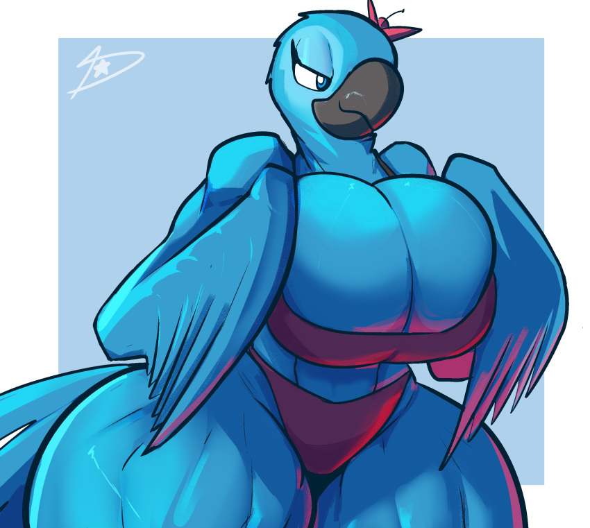 2023 20th_century_fox absurd_res anthro anthrofied arm_feathers athletic athletic_anthro athletic_female avian beak big_breasts bikini bird blue_body blue_eyes blue_feathers blue_sky_studios breast_squish breasts bulging_breasts cleavage cleavage_overflow clothed clothing curvy_figure digital_drawing_(artwork) digital_media_(artwork) dreamerknight eyelashes feathers female flower hi_res hourglass_figure huge_breasts jewel_(rio) macaw muscular muscular_anthro muscular_female muscular_thighs neotropical_parrot parrot plant red_bikini red_clothing red_swimwear rio_(series) signature simple_background skimpy skimpy_bikini small_waist smile solo spix's_macaw squish swimwear tail_feathers thick_thighs true_parrot voluptuous wide_hips
