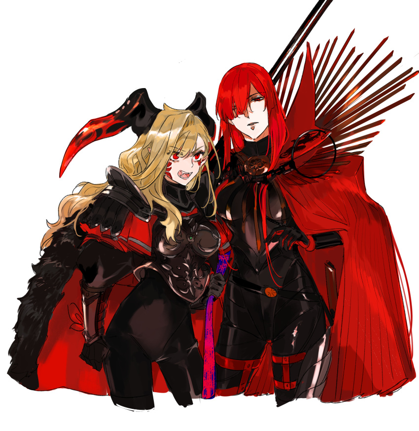 2girls absurdres armor black_armor black_bodysuit black_horns blonde_hair bodysuit breasts cape cropped_legs dragon_horns enilefilnoztlaw facial_mark fangs fate/grand_order fate_(series) hair_over_one_eye highres horns large_breasts long_hair multiple_girls oda_nobunaga_(fate) oda_nobunaga_(maou_avenger)_(fate) open_mouth pointy_ears queen_draco_(third_ascension)_(fate) red_cape red_eyes red_hair shoulder_plates sketch wavy_hair