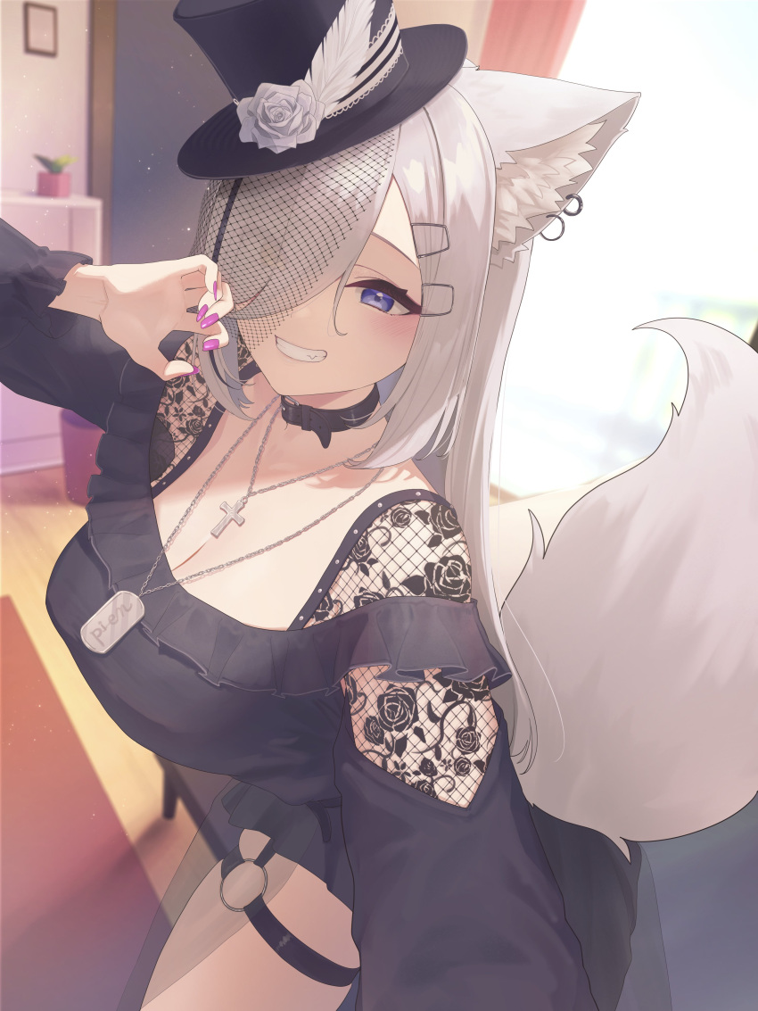 1girl absurdres animal_ear_fluff animal_ears black_collar black_headwear blue_eyes blush breasts collar cross cross_necklace curtains dog_tags fishnets floral_print flower grin hair_over_one_eye hat hat_flower heterochromia highres indoors jewelry kemomimi_refle! kuyukian3 large_breasts long_hair long_sleeves looking_at_viewer nail_polish necklace orange_eyes purple_nails ronomiya_hinagiku rose smile solo tail thigh_strap tilted_headwear top_hat virtual_youtuber white_flower white_rose window