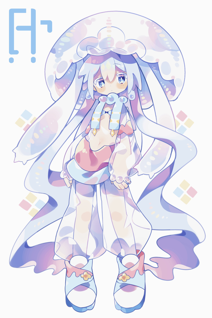 1girl :/ absurdly_long_hair absurdres blue_eyes blue_hair blush blush_stickers bra breasts closed_mouth commentary_request diamond_(shape) dress full_body high_tops highres jellyfish jellyfish_girl light_blue_hair light_blush long_hair long_sleeves looking_at_viewer midriff monster_girl navel original personification pink_dress quad_tails scarf see-through see-through_legwear see-through_sleeves shoes simple_background small_breasts sneakers solo standing tentacle_hair tentacles uenomigi underwear very_long_hair wavy_hair white_background