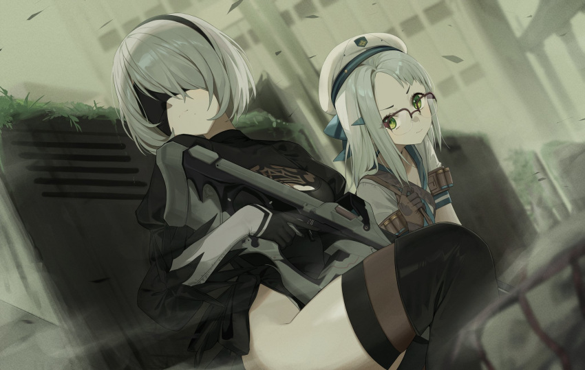 2b_(nier:automata) 2girls black_blindfold black_hairband blindfold blue_sailor_collar breasts brown_gloves cleavage closed_mouth crossover glasses gloves goddess_of_victory:_nikke green_eyes grey_hair gun hairband hat highres holding holding_gun holding_weapon juliet_sleeves korean_commentary leotard long_hair long_sleeves medium_breasts mole mole_under_mouth multiple_girls neon_(nikke) nier:automata nier_(series) outdoors puffy_sleeves red-framed_eyewear sailor_collar short_hair syhan thighhighs weapon