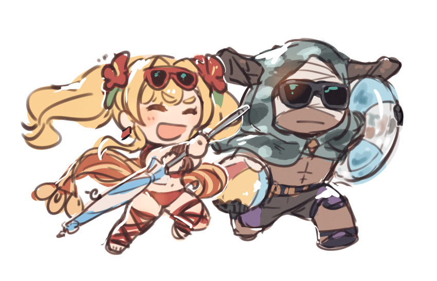 1boy 1girl ball beachball bikini blonde_hair camouflage camouflage_headwear chibi closed_eyes dark_skin draph flower granblue_fantasy hair_flower hair_ornament highres holding holding_ball holding_beach_umbrella holding_beachball holding_innertube holding_umbrella innertube leg_ribbon male_swimwear red_bikini ribbon running sandals shimatani_azu smile sunglasses swim_trunks swimsuit twintails umbrella vaseraga vaseraga_(summer)_(granblue_fantasy) zeta_(granblue_fantasy) zeta_(summer)_(granblue_fantasy)