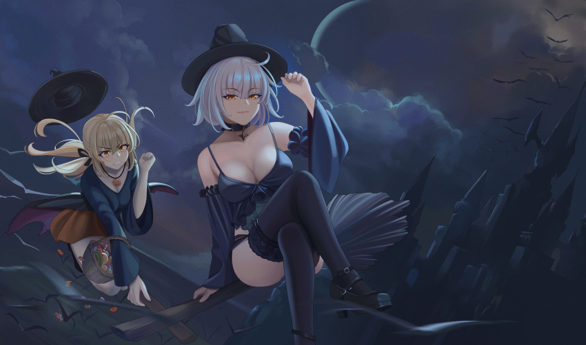 2girls absurdres artoria_pendragon_(fate) bare_shoulders black_headwear blonde_hair breasts broom broom_riding cleavage collarbone fate/grand_order fate_(series) grey_hair hat highres jeanne_d'arc_alter_(avenger)_(fate) jeanne_d'arc_alter_(fate) large_breasts long_hair looking_at_viewer low_ponytail medium_breasts multiple_girls quatthro saber_alter short_hair sidelocks witch_hat yellow_eyes
