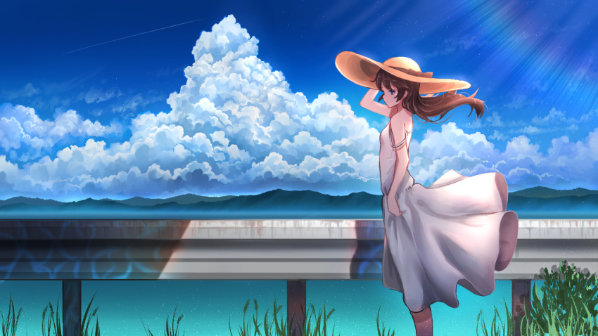 1girl bare_shoulders black_bow blue_eyes blue_sky bow breasts brown_hair closed_mouth cloud commentary_request contrail cumulonimbus_cloud day dress english_commentary feet_out_of_frame floating_hair from_side grass guard_rail hat hat_bow lens_flare long_hair mixed-language_commentary mountainous_horizon ocean original outdoors pasoputi plant scenery shade sidelocks sky sleeveless sleeveless_dress small_breasts solo standing strap_slip straw_hat sun_hat sundress sunlight water white_dress wide_shot