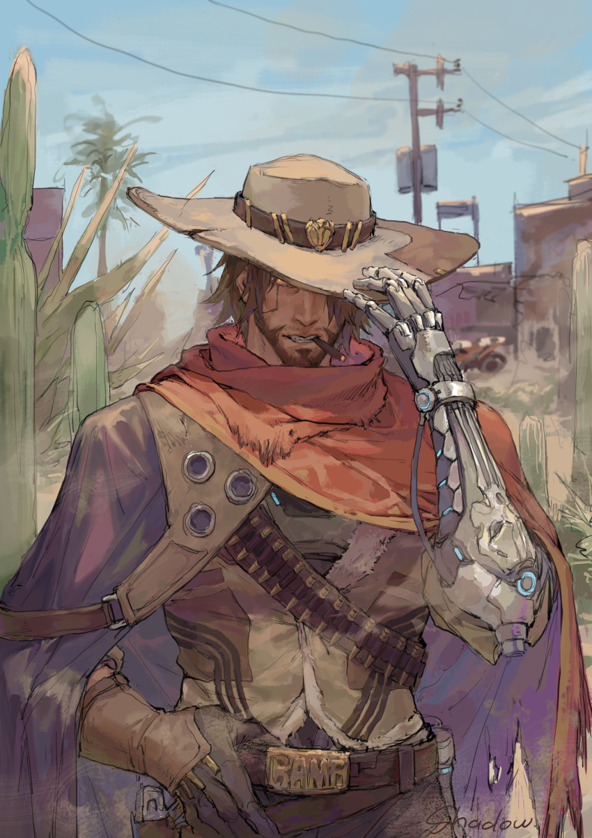 1boy absurdres artist_name beard belt black_gloves brown_belt brown_hair cassidy_(overwatch) cigarette cloud cowboy_hat day facial_hair gloves grey_shirt hat highres male_focus mechanical_arms outdoors overwatch overwatch_1 poncho red_poncho shadowyahaha shirt short_hair single_glove single_mechanical_arm sky solo teeth