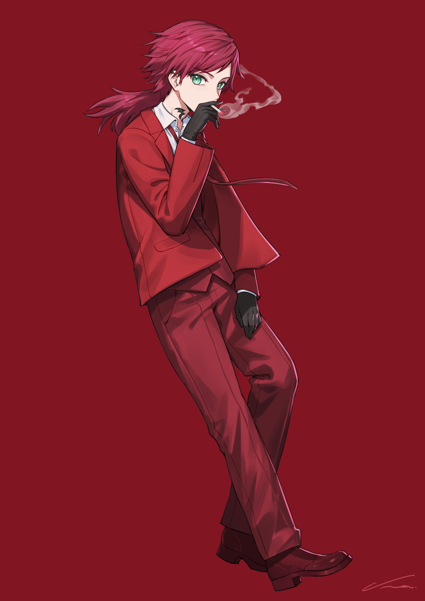 1boy absurdres black_gloves blazer cigarette collared_shirt full_body gloves green_eyes highres holding holding_cigarette invisible_floor invisible_object jacket lauren_iroas leaning_back legs long_hair neck_tattoo necktie nemoto_yuuma nijisanji open_clothes open_jacket pants ponytail red_footwear red_hair red_jacket red_necktie red_pants red_vest shirt shoes signature simple_background smoking solo standing swept_bangs tattoo vest virtual_youtuber